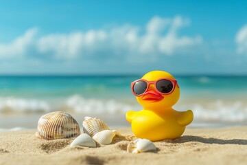 A yellow rubber ducky sitting on a sandy beach wearing tiny sunglasses, with a small beach ball and seashells nearby, celebrating National Rubber Ducky Day in a tropical setting. Warm, sunny lighting.