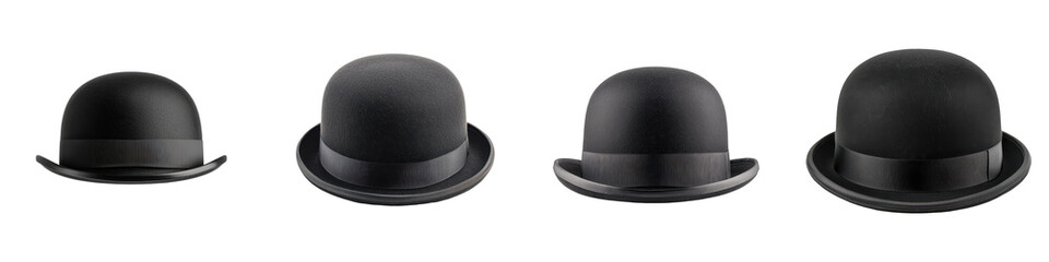 Set of Four Identical Black Bowler Hats Neatly Arranged in a Straight Line Against a Bright White Background Representing Formal Headwear and Classic Gentlemen s Style