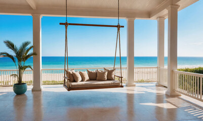 A porch swing overlooks the ocean on a sunny day