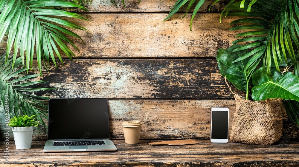 Poster Desk organized with laptop notebook and smartphone ready for a productive remote work session in a tidy workspace Teleworking concept with side empty space for text Stockphoto style