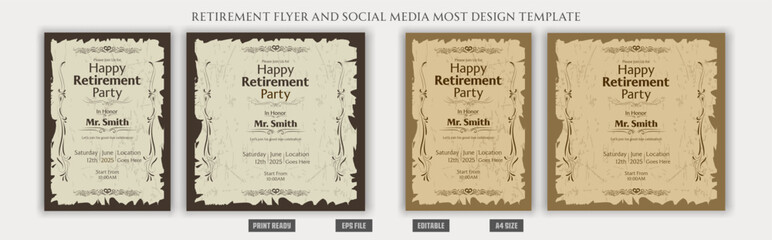 Retirement party flyer poster brochure layout social media post squire design templates clean old vintage nostalgic vector editable trending border ancient beach people bundles eps file.