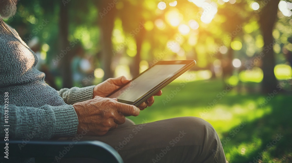 Aufkleber Person using a tablet on a small park bench surrounded by trees enjoying a peaceful outdoor setting for remote work Teleworking concept with side empty space for text Stockphoto style