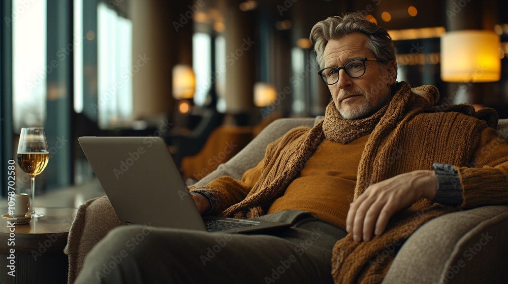 Poster individual working on a laptop while lounging in a cozy hotel lobby highlighting work-from-anywhere 