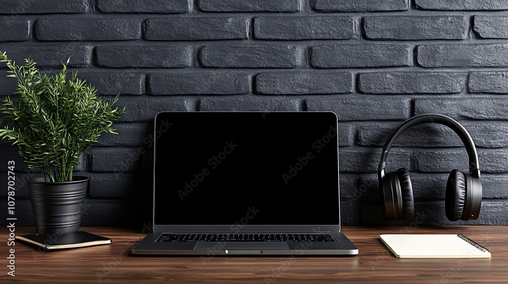Poster Laptop and smartphone on a home office desk with notes and headphones creating a remote work-ready setup Teleworking concept with side empty space for text Stockphoto style