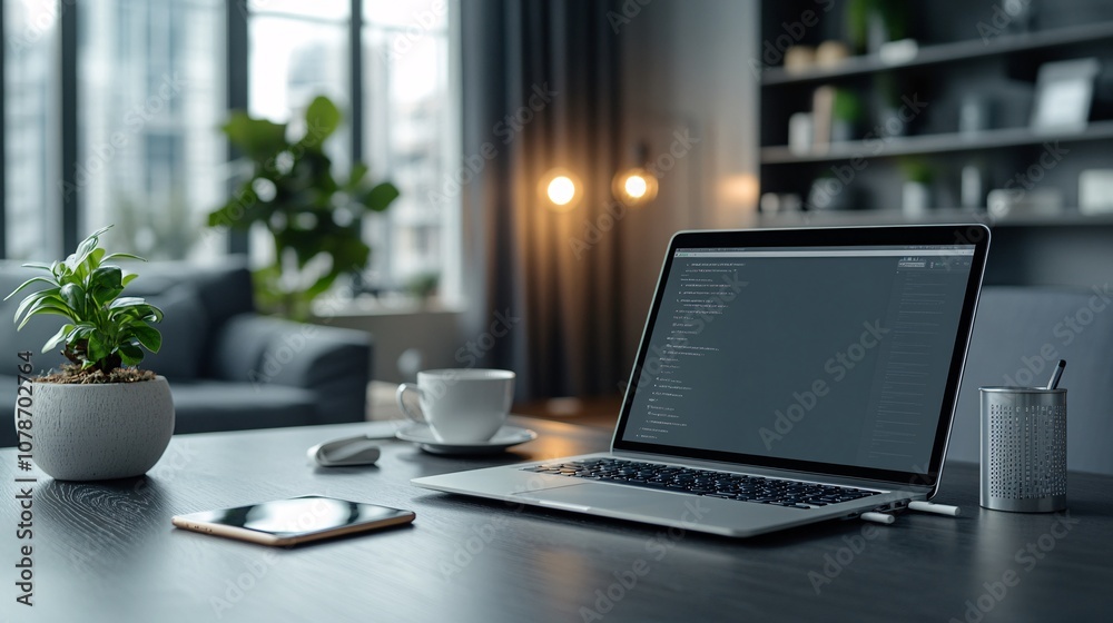 Poster Laptop and smartphone on a home office desk with notes and headphones creating a remote work-ready setup Teleworking concept with side empty space for text Stockphoto style