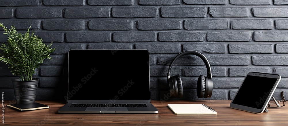 Poster Laptop and smartphone on a home office desk with notes and headphones creating a remote work-ready setup Teleworking concept with side empty space for text Stockphoto style