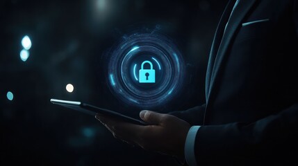 A businessman in a suit holds a tablet in front of a glowing blue padlock symbol, symbolizing cybersecurity and data protection.
