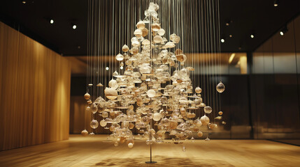 Suspended Christmas tree made of floating ornaments, with glass balls, wood pieces, and eco-friendly fabric decorations; innovative and elegant holiday decor centerpiece with soft lighting 