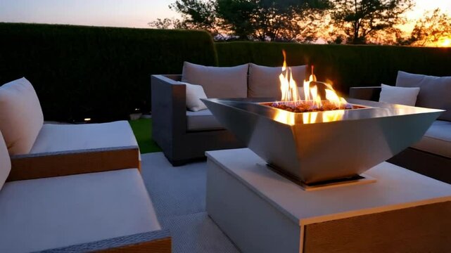 A sleek modern fire pit paired with stylish outdoor furniture in the backyard of a luxury house. Set against a beautiful summertime sunset, the scene embodies comfort, elegance, and outdoor