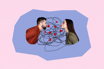 Composite photo collage of happy girl guy kiss together love relationships scribble heart shape...