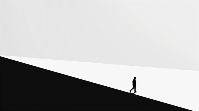 A man is walking down a hill with a skateboard. The image is black and white, giving it a somber and melancholic feel