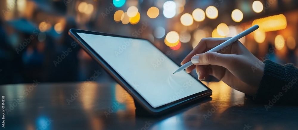 Poster Individual using a tablet and stylus at a cafe table focusing on creative remote work Teleworking concept with side empty space for text Stockphoto style