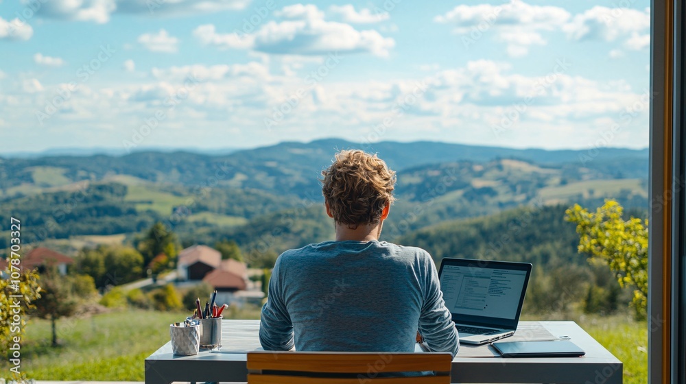 Poster person working remotely from a spacious veranda with laptop overlooking a scenic landscape teleworki