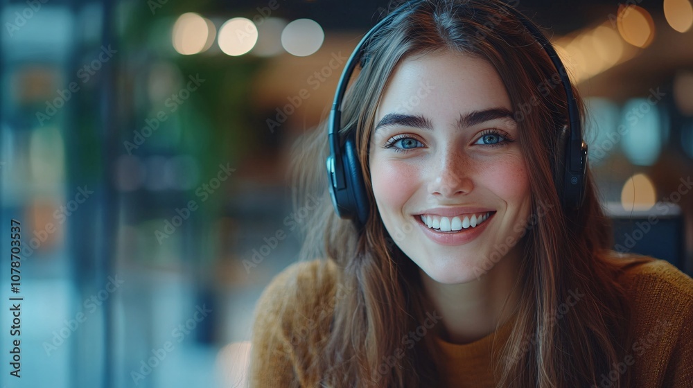 Aufkleber Smiling customer service representative in an office with a headset, warmly engaging in conversation, set in a professional workspace with side empty space for text Stockphoto style