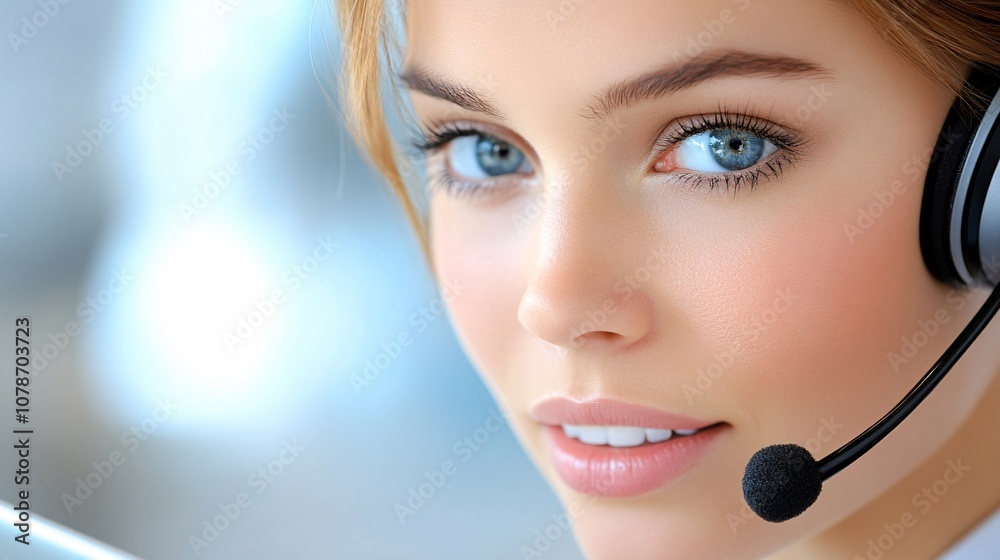 Poster Friendly customer service agent typing a response on a laptop, focused and engaged, conveying dedication with side empty space for text Stockphoto style