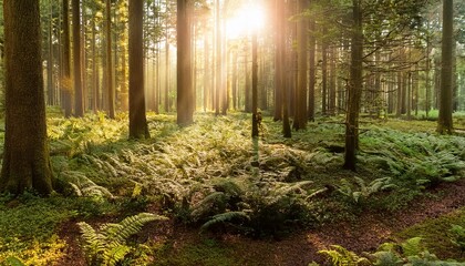 Obraz premium Golden Sunshine Filtering Through Dense Forest Trees, Illuminating the Fern-Covered Forest Floor, With Birds Chirping and Leaves Rustling in the Gentle Breeze