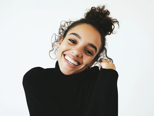  A portrait of a young, happy woman looking directly at the camera, set against a white background, perfect for portrait photography, lifestyle, or personal branding projects