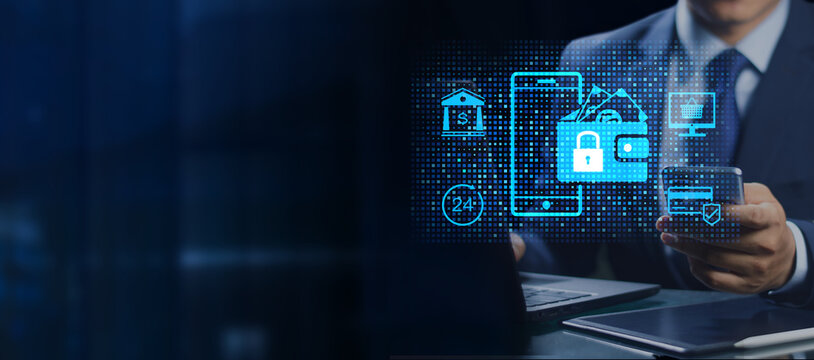  e-wallet, online payment by digital wallet. online banking service applications, mobile banking, credit card, transfer, money transactions with fintech, e-commerce