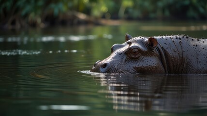 Fototapeta premium A hippopotamus submerged in a still lake, only its head and eyes are visible, surrounded by lush green foliage.