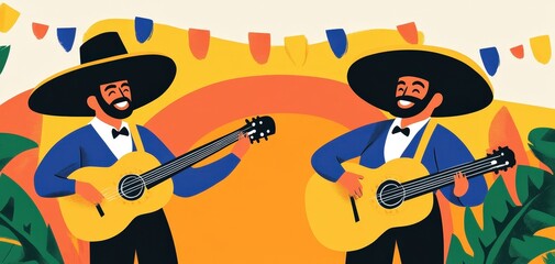 Two musicians in traditional attire playing guitars at a vibrant celebration.