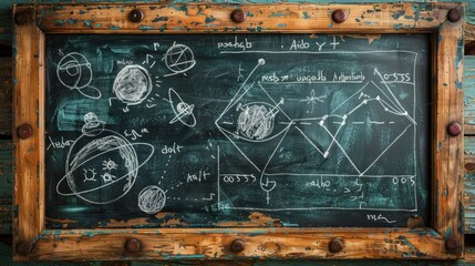 Hand drawn chalk diagrams and equations on a green chalkboard framed in distressed wood.