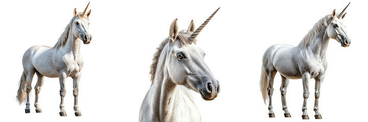 Unicorn with a radiant aura around its horn standing serenely isolated on white and transparent background