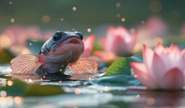 AI generator image of a captivating image depicting the moment when a Snakehead fish Stick head out of the water.A large lake in Province,fish snapping bite slowly at delicate lotus petals in summer