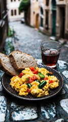 Delight in a colorful breakfast of scrambled eggs with vegetables and fresh bread accompanied by a refreshing drink