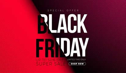 Black Friday Sale Banner with Typography Lettering on Red Background. Vector Black Friday Shopping Holiday Season Design for Discount Offer, Promotion Flyer, Advertising Poster, Fashion Ads and Social