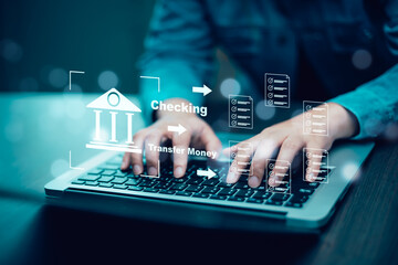 Banks financial transfer money. Online Banking. Businessman using online banking and payment online shopping , digital marketing. Financial and banking networking.