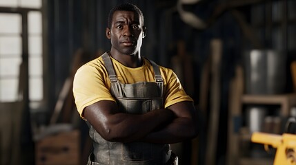 Confident male woodworker in workshop with crossed arms, wearing apron and yellow shirt.