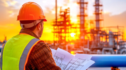 Engineer Reviewing Blueprint at Sunset Refinery 