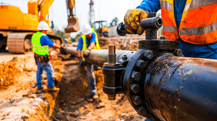 Construction Pipeline:  Close-up view of construction workers installing a large pipeline with an excavator in the background.  The image evokes a sense of industry and progress.  