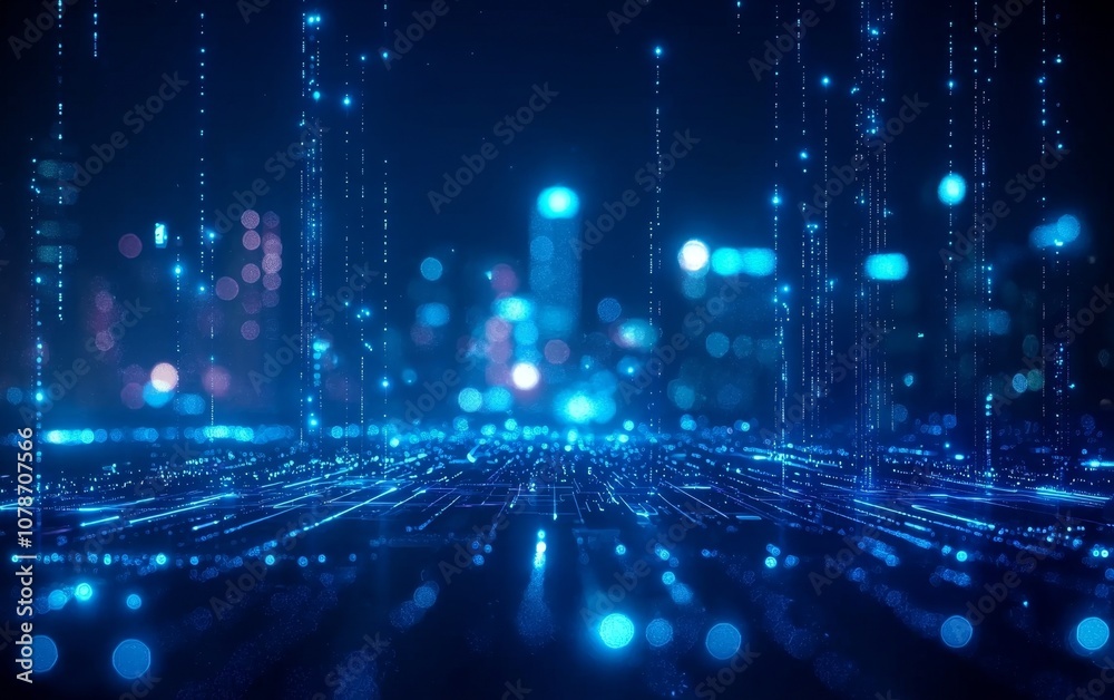 Poster a futuristic digital landscape featuring shimmering blue lights and data streams, creating a sense o