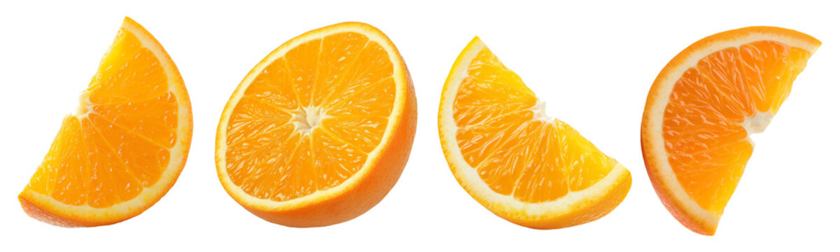 Set of individual orange pieces and slices, isolated against a transparent background