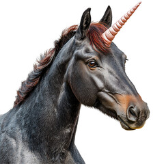 Dark Gray Unicorn with Fiery Red Mane Dynamic Contrast and Bold Presence Isolated on White and Transparent Background