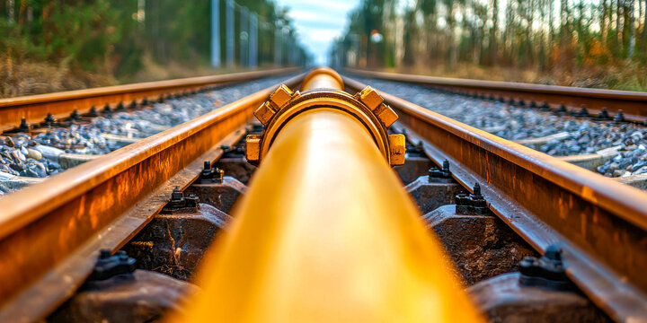 Parallel Tracks: A yellow pipeline runs parallel to a railway track, symbolizing infrastructure, connection, and the journey ahead.  