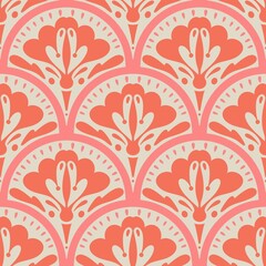 Scalloped floral seamless pattern. Hand drawn symmetrical flowers in calming orange and pink colors. Scallop half circle geometrical botanical ornament. Repeat allover backdrop 