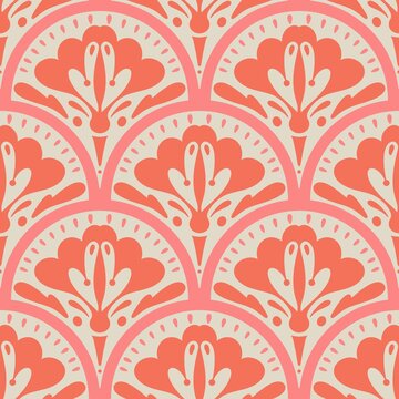 Scalloped floral seamless pattern. Hand drawn symmetrical flowers in calming orange and pink colors. Scallop half circle geometrical botanical ornament. Repeat allover backdrop 