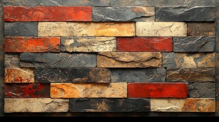 A textured wall made of various colored stone tiles in a pattern.