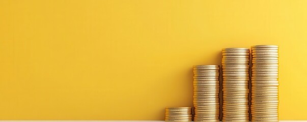 A collection of stacked gold coins against a vibrant yellow background, symbolizing wealth and financial growth.