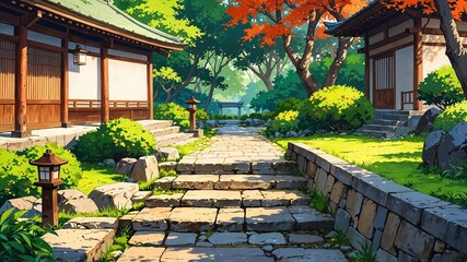 Fototapeta premium Serene anime garden pathway with traditional architecture and lush greenery