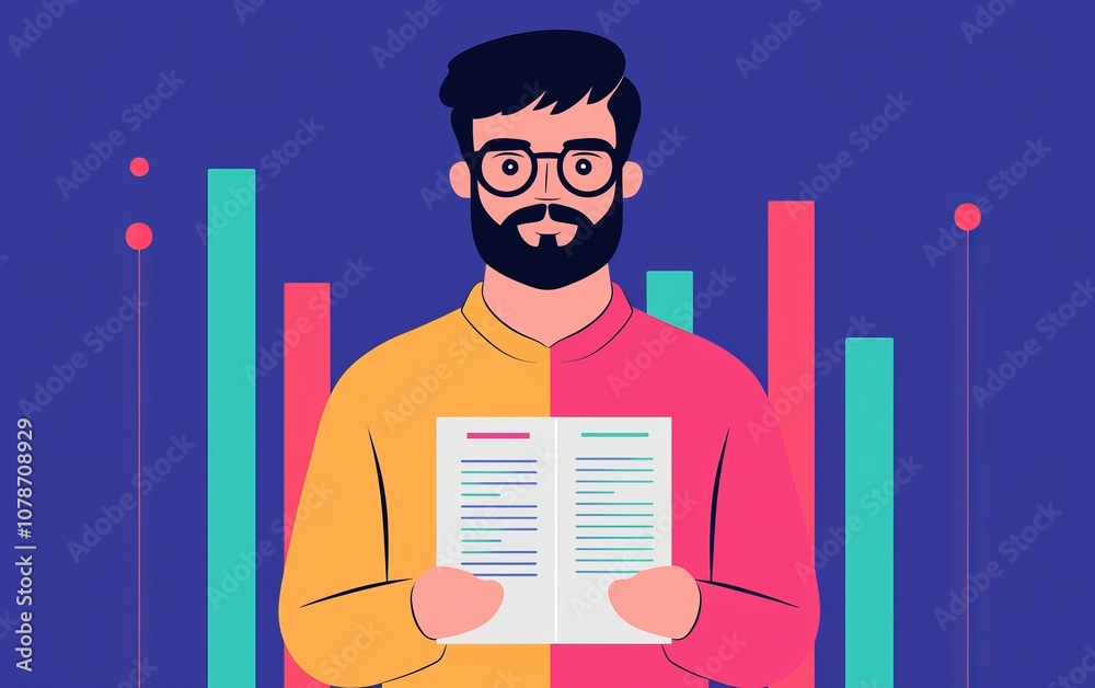 Poster a man holds a document in front of colorful bar graphs, visually depicting data analysis or professi