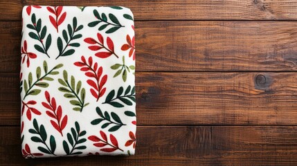 Obraz premium Christmas mockup preview, A cozy blanket with a floral pattern in red and green rests on a rustic wooden surface, evoking warmth and a seasonal feel.