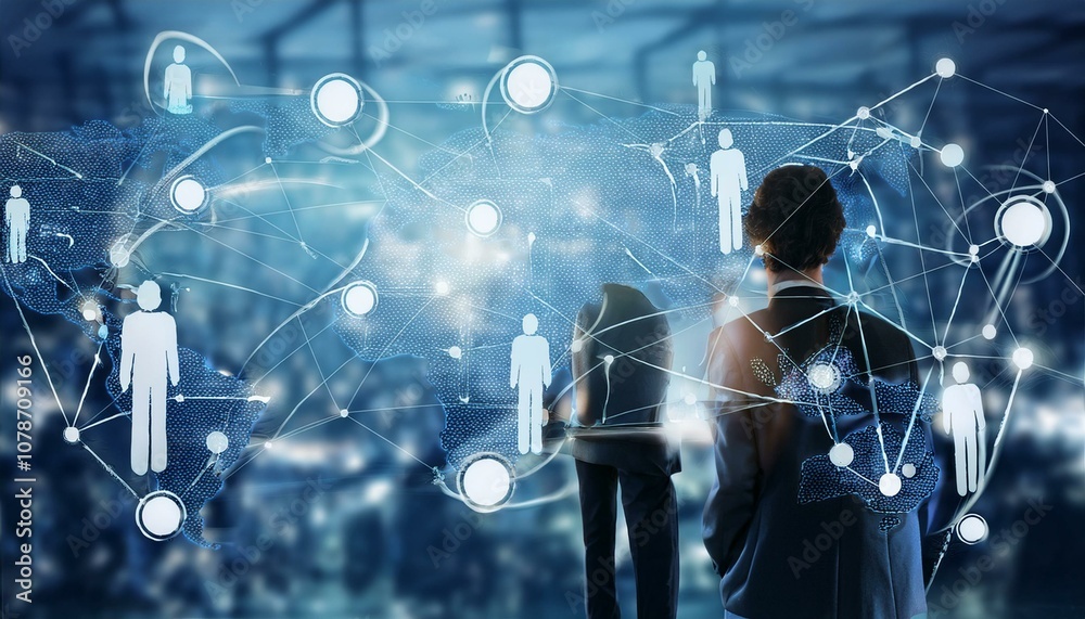 Wall mural global communication network concept with interconnected business nodes and human resources collabor