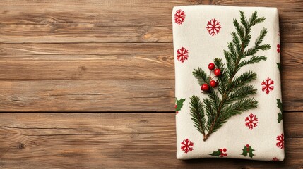Christmas mockup preview, A cozy, festive fabric adorned with holly leaves and red accents, resting on a rustic wooden surface, evoking holiday warmth and charm.