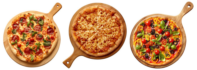 A set of different pizzas on wooden pizza peels, flat lay, isolated on a transparent background