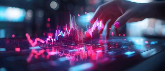 A hand hovers over a digital interface displaying vibrant, interactive data visualizations, symbolizing technology and analytics.