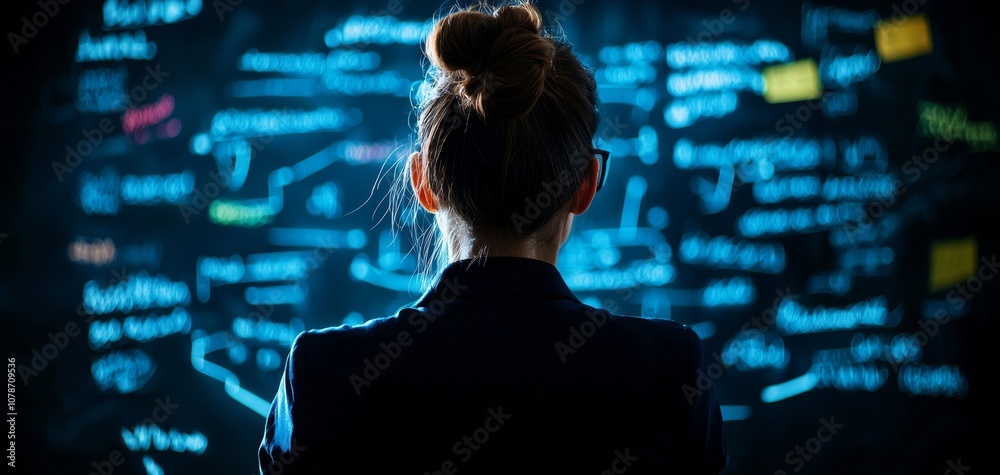 Poster a person stands in front of a glowing screen filled with data and notes, suggesting a focus on techn