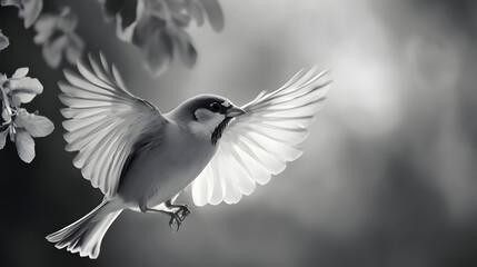 Fototapeta premium Playful House Sparrow Fluttering in Mid-Air Against a Bold Background - Eye-catching Wallpaper Concept
